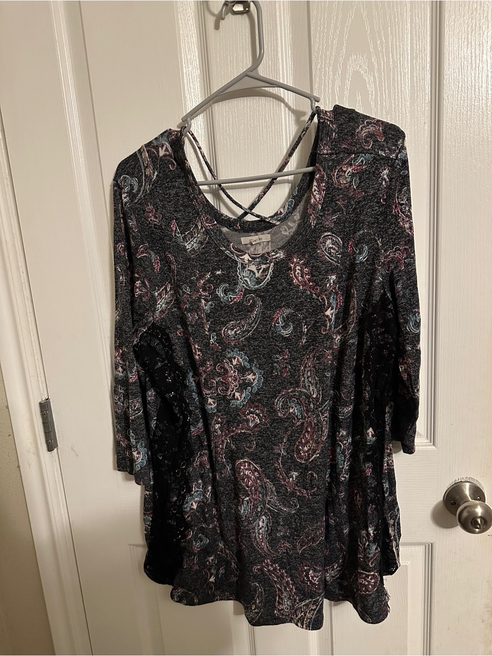 Maurices Black Paisley Long Sleeve Top with Crisscross Back and black lace sides